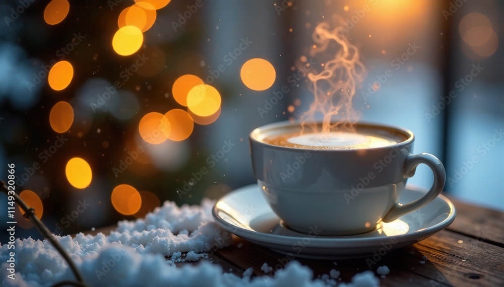 Fototapeta premium Twinkling lights behind a cup of steaming hot latte, cozy, latte, winter