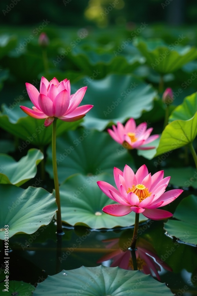 Water garden with lotus and water lilies in full bloom, water lily, outdoor scene Water garden with lotus and water lilies in full bloom, water lily, outdoor scene