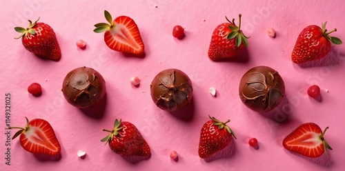 Dried strawberry pieces arranged among chocolate truffles on a vibrant pink background, fruitdecor, desertscape, dessert photo