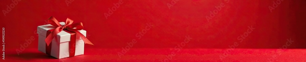 Empty white gift box on red velvet background with red ribbon tied in a bow, celebration, wrapping, present Empty white gift box on red velvet background with red ribbon tied in a bow, celebration, wrapping, present