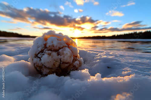 Nahaufnahme eines verschneiten Kiefernzapfens bei Sonnenuntergang am See
 photo