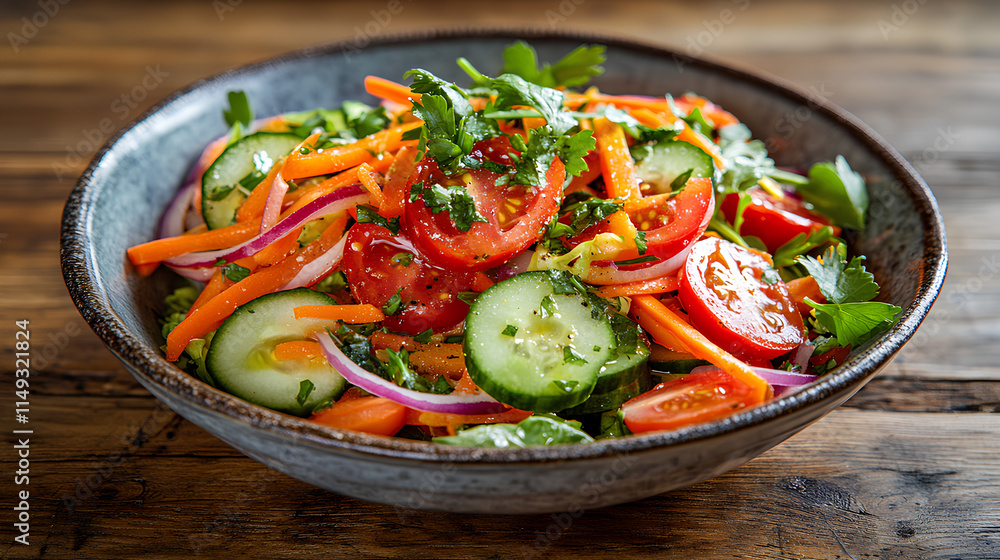 Mixed Salad with Fresh Vegetables and Olive Oil Garnish on a Rustic Table
Mixed Salad with Fresh Vegetables and Olive Oil Garnish on a Rustic Table