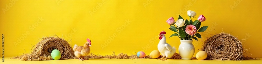 Obraz premium Chicken and spring flowers in a vase among the hay bales on a bright yellow Easter background, floral arrangements, natural elements, yellow background