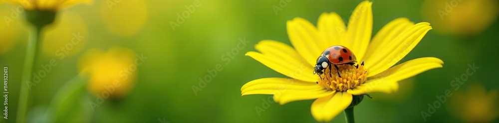 Ladybug resting on the petals of a sunnyflower in a lush green meadow, nature, bug life, flowers Ladybug resting on the petals of a sunnyflower in a lush green meadow, nature, bug life, flowers