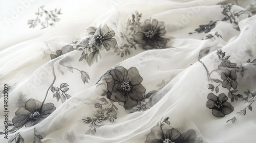 A detailed view of a transparent fabric with floral appliqus, set against a plain white background. photo