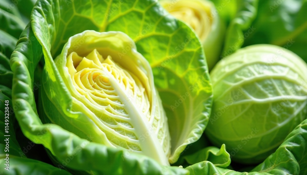 Fototapeta premium Fresh shredded cabbage exposed to sunny conditions, leafy, bright