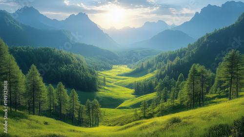 A lush green valley with tall trees is nestled between mountains