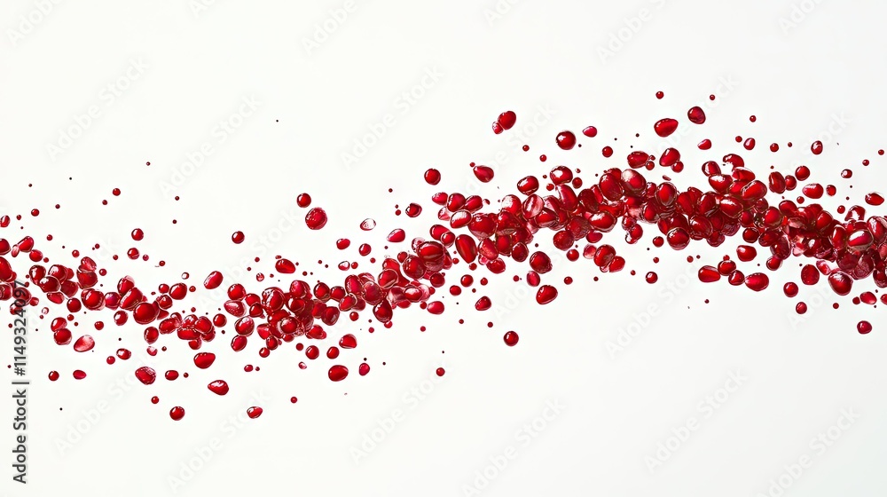 A diagonal trail of red pomegranate seeds flowing across a white background, creating a dynamic composition. A diagonal trail of red pomegranate seeds flowing across a white background, creating a dynamic composition.