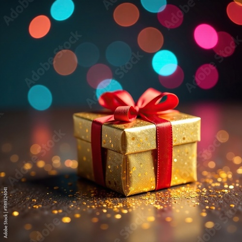 Gift box on table with golden confetti and bokeh background, decoration, glitter