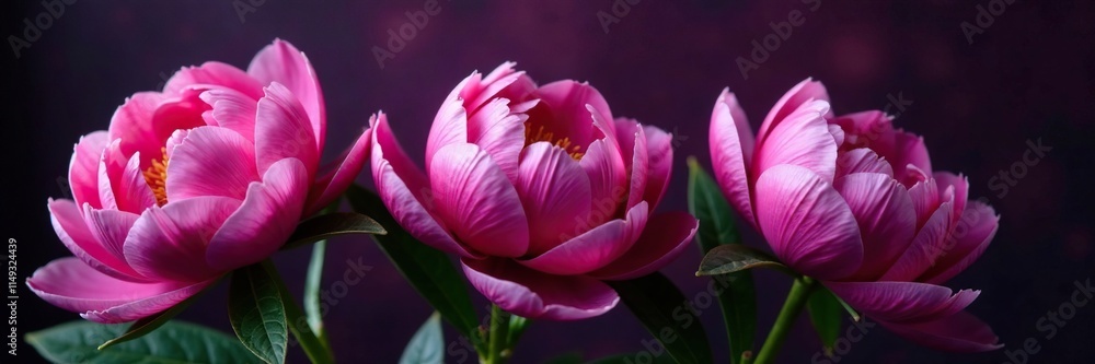 Isolated pink peonies on a dark background with purple shadows, flowers, foliage Isolated pink peonies on a dark background with purple shadows, flowers, foliage