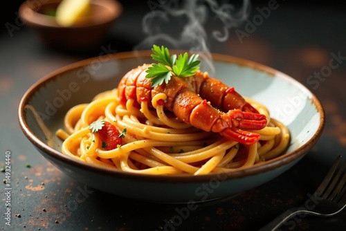 Steaming bowl of spicy seafood pasta with a lobster like crustacean, parsley garnish, pasta, aragosta fra diavolo photo