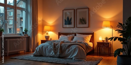 Softly lit studio apartment with table lamps and floor lamps, dimmable lighting, warm tones photo