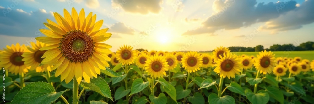 sunflowers follow the sun in a light green field, blooms, blooming sunflowers follow the sun in a light green field, blooms, blooming