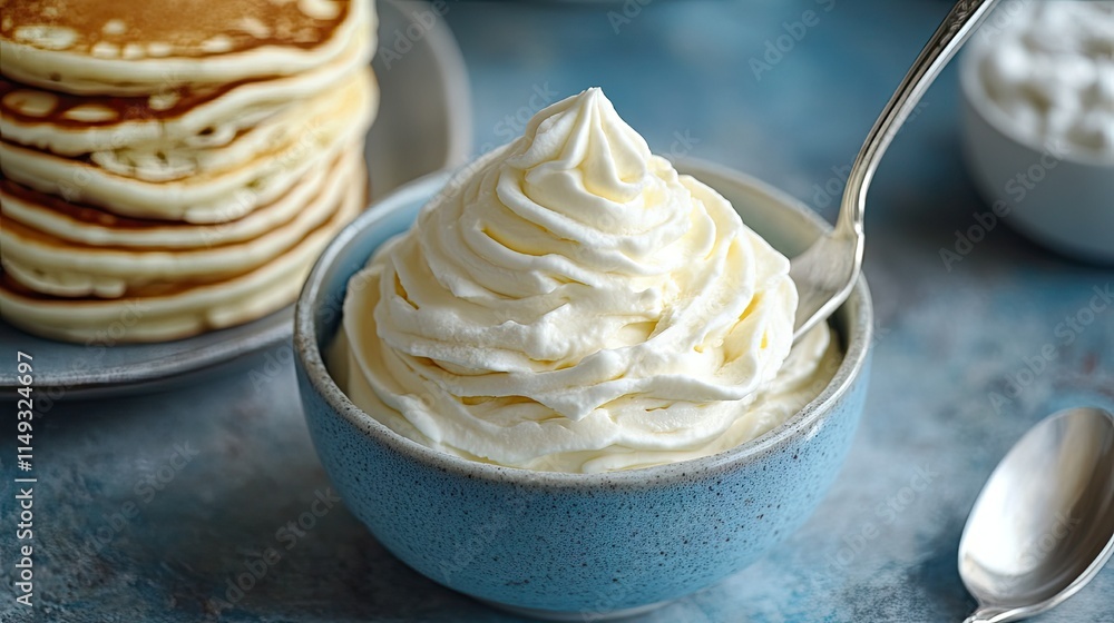 A dollop of whipped cream being spooned into a bowl with a stack of pancakes nearby. A dollop of whipped cream being spooned into a bowl with a stack of pancakes nearby.