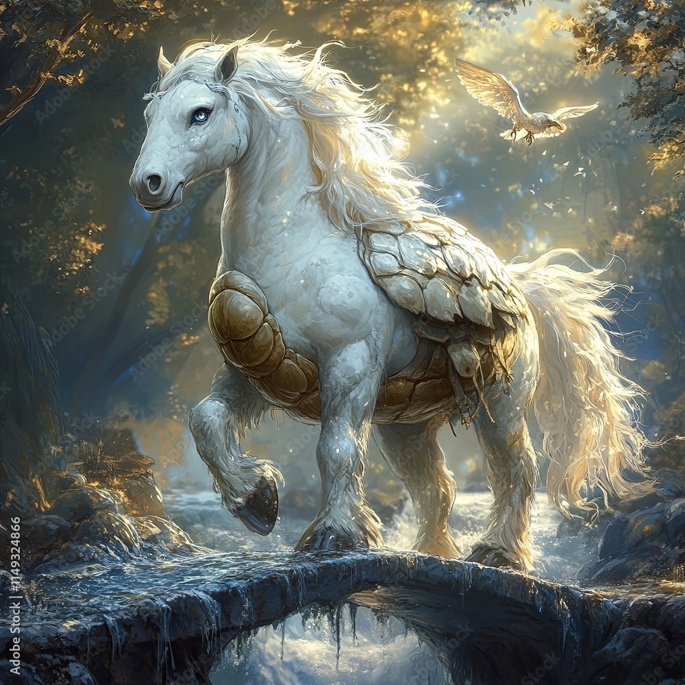 Mystical Horse with Turtle Shell in Enchanted Forest Mystical Horse with Turtle Shell in Enchanted Forest