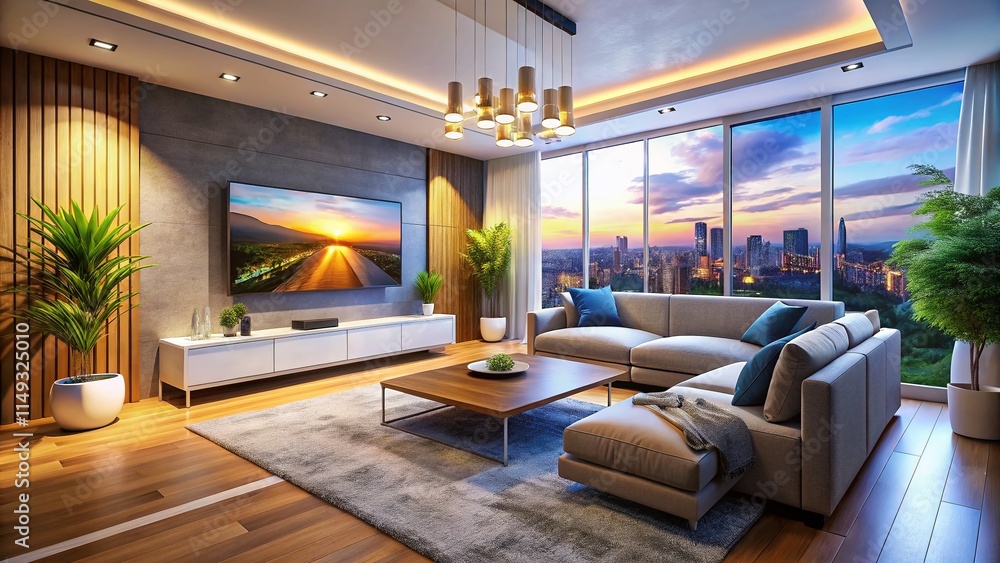 Fototapeta premium Modern Living Room Aerial View: Stylish Sofa & Flat Screen TV