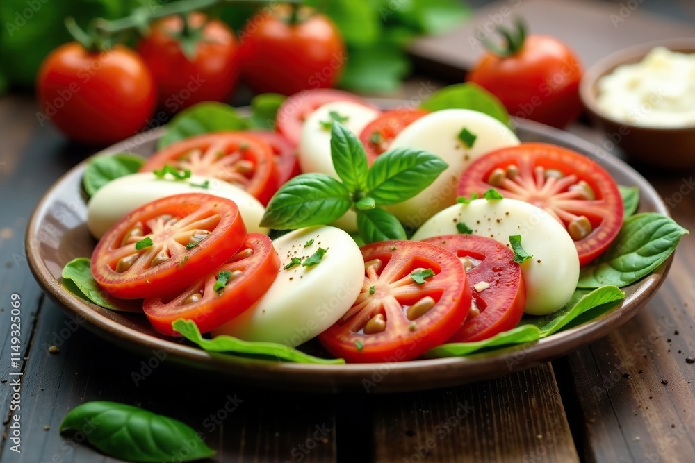Platter of freshly picked red tomatoes and mozzarella, produce, organic, cheese Platter of freshly picked red tomatoes and mozzarella, produce, organic, cheese