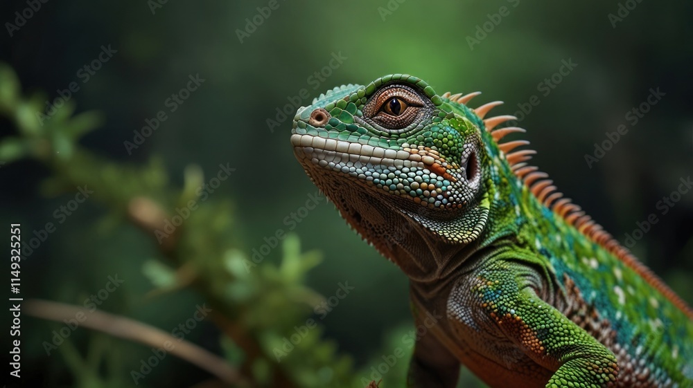 Fototapeta premium Vibrant green lizard portrait in lush foliage.