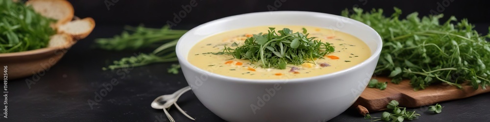 White bowl with creamy potato chowder and microgreens garnish on dark background, chowder, comforting White bowl with creamy potato chowder and microgreens garnish on dark background, chowder, comforting