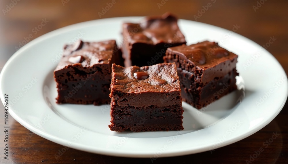 Rich chocolate brownies atop a pristine white plate, chocolate brownies, indulgent treats Rich chocolate brownies atop a pristine white plate, chocolate brownies, indulgent treats