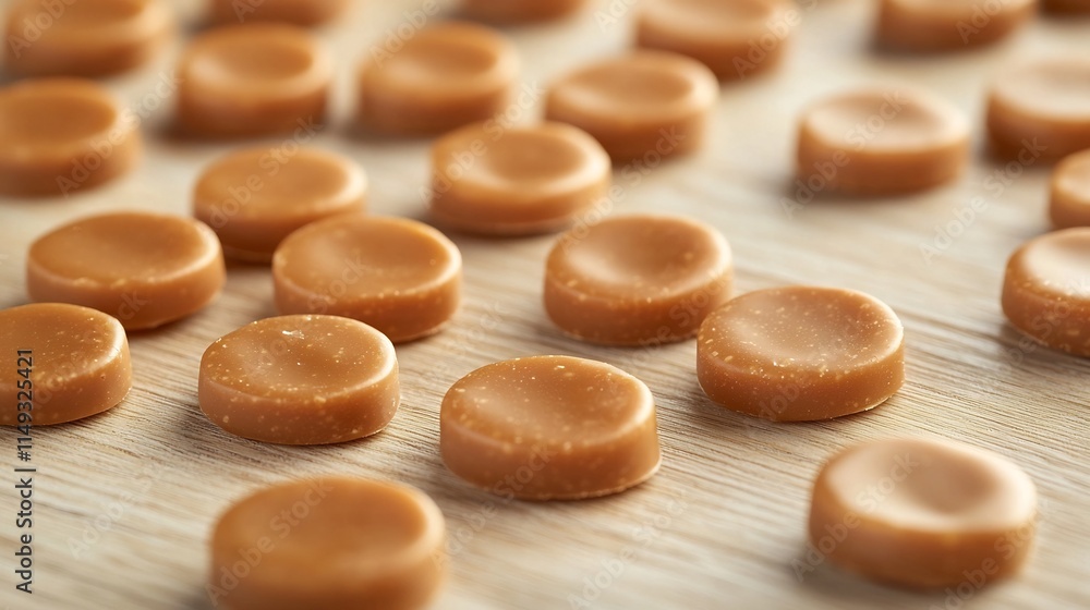 Petite Caramel Toffee Confections Randomly Strewn on Warm Wooden Tabletop with Earthy Scandinavian Aesthetic Petite Caramel Toffee Confections Randomly Strewn on Warm Wooden Tabletop with Earthy Scandinavian Aesthetic