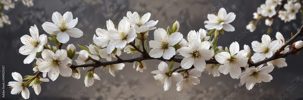 White cherry blossom branch with multiple buds and leaves, flower, cherry blossoms, leaves White cherry blossom branch with multiple buds and leaves, flower, cherry blossoms, leaves