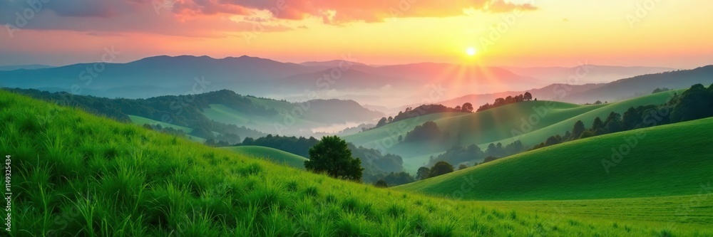 Fototapeta premium Rolling hills of emerald green, gentle mist rising from valleys, mountains at sunset, misty morning, sunset