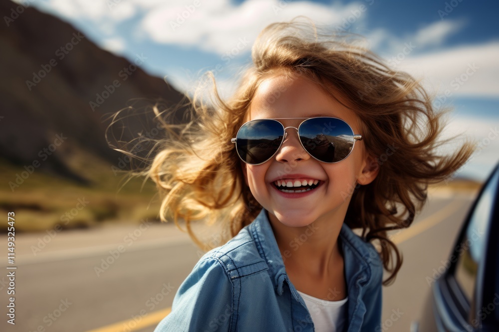 Portrait of a smiling little girl in sunglasses on the road. Portrait of a smiling little girl in sunglasses on the road.