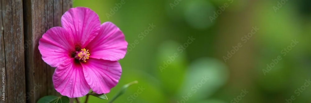 Single Althaea rosea bloom on a rustic wooden fence, closeup, details Single Althaea rosea bloom on a rustic wooden fence, closeup, details