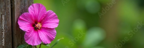 Single Althaea rosea bloom on a rustic wooden fence, closeup, details