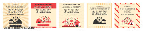 Colorful and monochrome vintage amusement park invitation post set. Ferris wheel, circus tent, carousel in flat style. Retro vector illustration. Template for advertising banner, card, flyer, poster