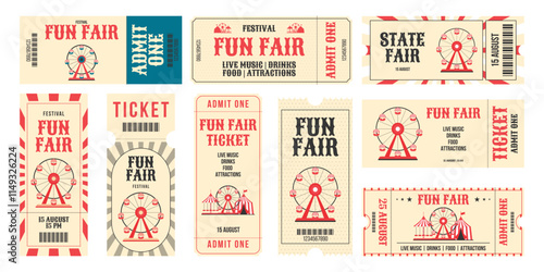 Vintage fun fair horizontal and vertical tickets set. Ferris wheel, circus tent, carousel, decorative elements and more details events. Flat vector illustration on white background