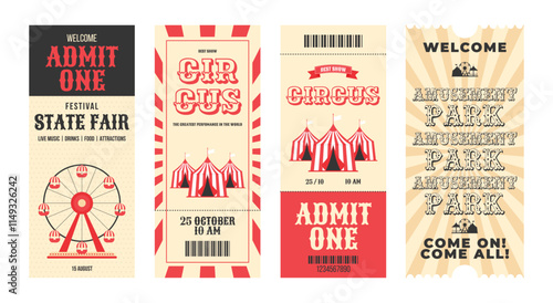 Colorful vintage amusement park, ciscus, state fair ticket set. Ferris wheel, circus tent, carousel, decorative elements and more details events. Vertical flat vector illustration on white background