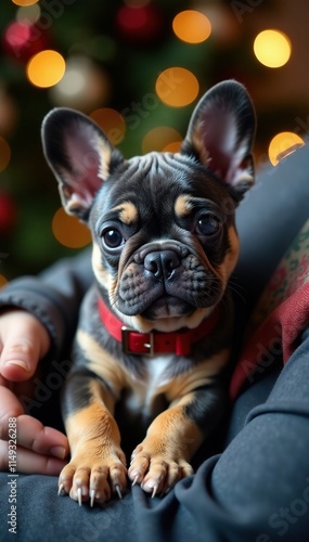 Blue tan French Bulldog puppy curled up on a lap wearing a festive collar, cozy, snuggle photo