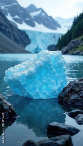 Bubble-filled blue ice chunk on rocky terrain, frozen lake, bubble formation, glaciology photo