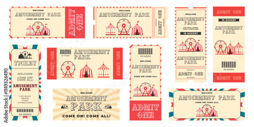 Vintage amusement park horizontal and vertical tickets set. Ferris wheel, circus tent, carousel, decorative elements and more details events. Flat vector illustration on white background