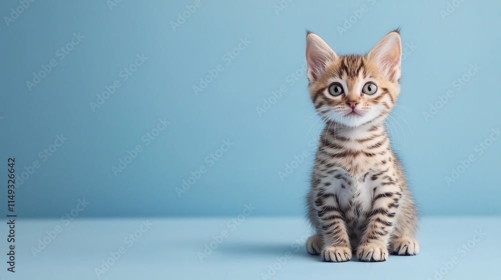 Curious Spotted Kitten Sitting Alert on Light Blue Background Curious Spotted Kitten Sitting Alert on Light Blue Background