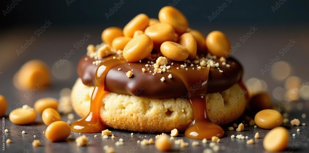 Crunchy cookie base topped with a rich chocolate ganache and gooey caramel sauce, sprinkled with crunchy peanut butter praline bits, indulgent, crunchy, peanut butter Crunchy cookie base topped with a rich chocolate ganache and gooey caramel sauce, sprinkled with crunchy peanut butter praline bits, indulgent, crunchy, peanut butter