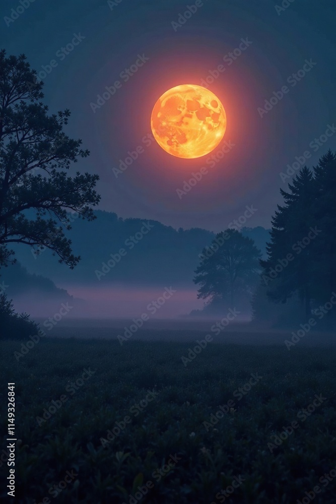 Dark and misty field with a glowing full moon peeking through the trees, trees in background, glowing moon Dark and misty field with a glowing full moon peeking through the trees, trees in background, glowing moon
