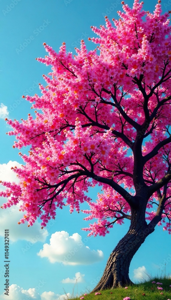 Fototapeta premium Vibrant colors of a blooming tree against the sky, colorful branches, colorful tree