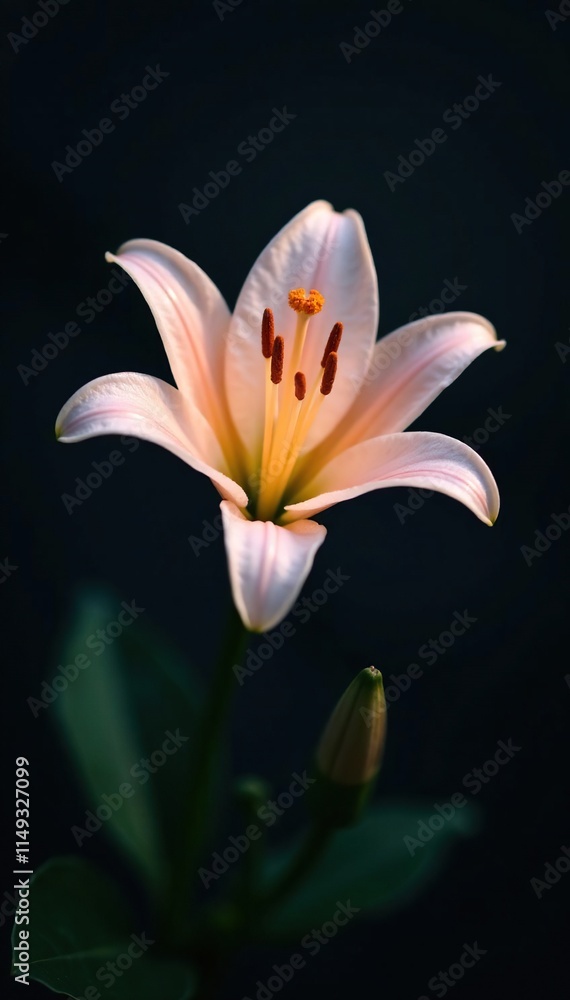 Fototapeta premium Delicate flower light lily against dark backdrop with shallow depth of field, texture, contrast