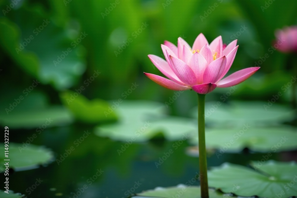 Waterlily with long green stem on pond surface, nature, green Waterlily with long green stem on pond surface, nature, green