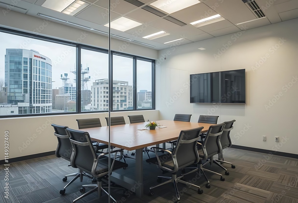 Fototapeta premium Office floor meeting room with window glass