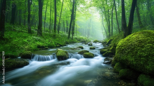 spring forest nature, beautiful spring stream, river rocks