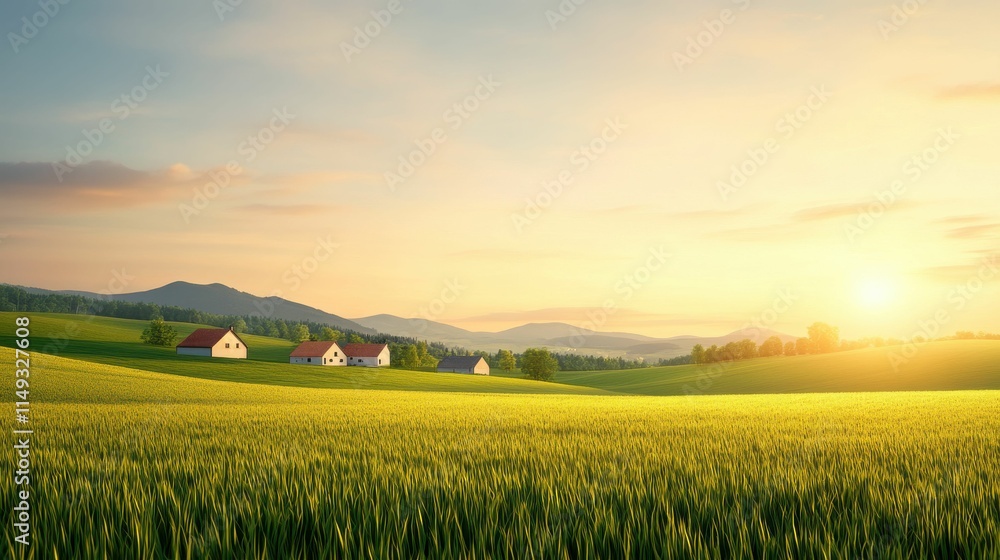 Obraz premium A field of grass with a few houses in the background