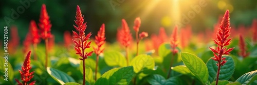 Fiery-tailed knotweed Persicaria amplexicaulis in morning sunlight, foliage, plant details, nature photography photo