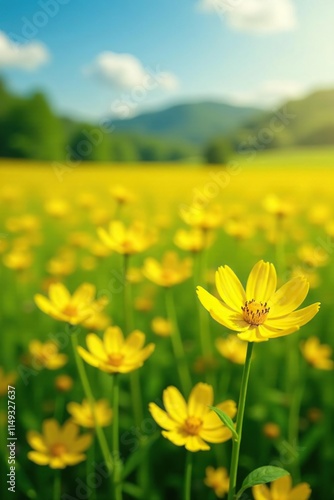 Field of bright yellow flowers with delicate petals and intricate details, field flowers, wildflowers photo