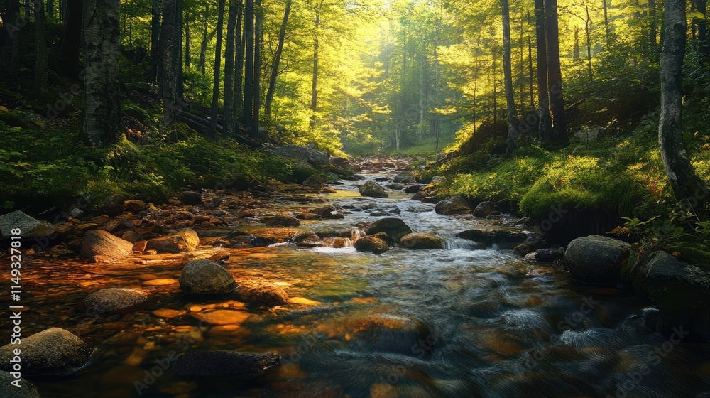 Obraz premium spring forest nature landscape, beautiful spring stream, river rocks in mountain forest