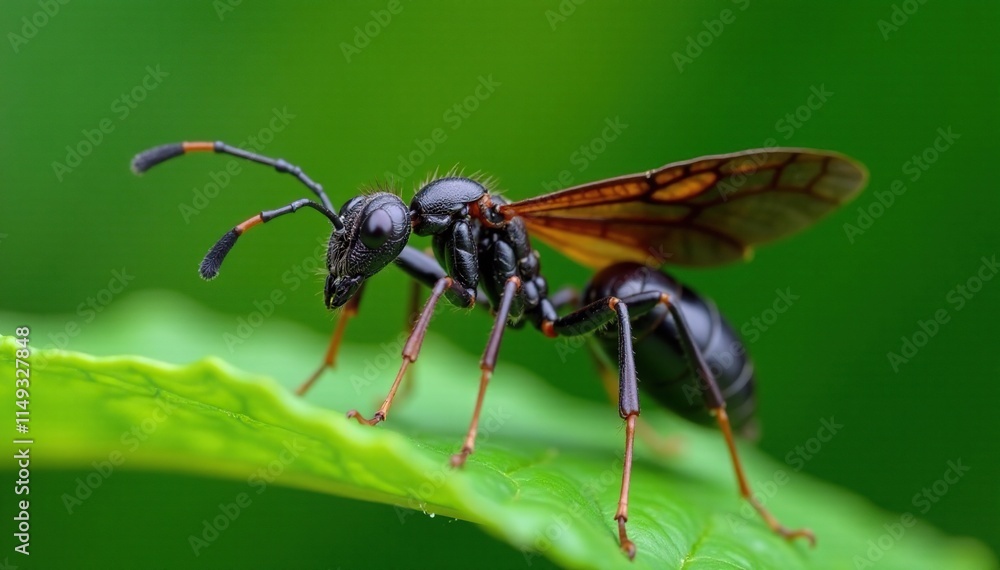 Full-body view of a large black winged ant on a green leaf stem, leaf, macro, full-body Full-body view of a large black winged ant on a green leaf stem, leaf, macro, full-body