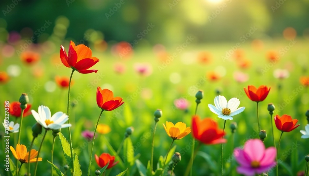 Fototapeta premium Gentle breeze rustling petals of vibrant wildflowers in a lush green field, field, flowers